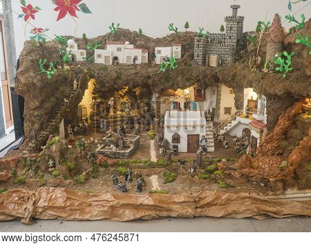 Agulo, La Gomera, Canary Islands, Spain, December 27, 2021: Big Old Realistic Nativity Scene With Ch