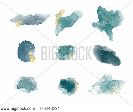 Turquoise Mint With Liquid Marble, With Golden Lines And Brush Marks. Teal Turquoise Marble Alcohol 