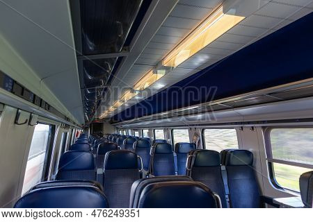 Bern, Switzerland - April 5 2020: Inside An Empty Train At In The Morning During The Covid-19 Pandem