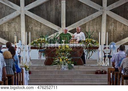 Trieste, Italy - Circa 2022: Mass Being Held In The Temple Of Monte Grisa