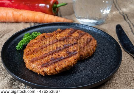 Tasty Vegan Burgers Made From Vegetarian Plant Based Soya Beans Imitation Meat