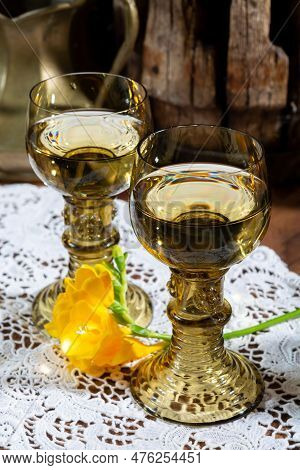 Antique German Glassware, Old Dutch Style Rummer Or Roemer Glasses With White Wine On White Lace Tab