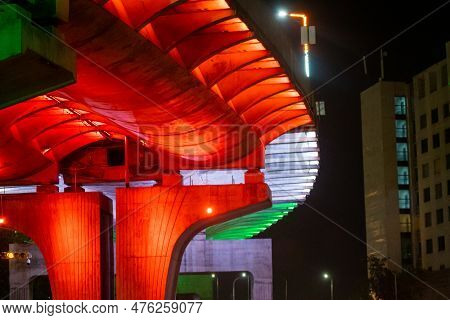 Traffic Crossing Bridge Decorated With Tri Color Lights Of Indian Flag On Republic Independence Day 