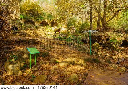 Meron, Israel - December 15, 2022: View Of Rocks, Trees, Water Stream, Fall Foliage, And Various Sig