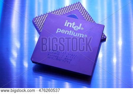 Ryazan, Russia - May 13, 2023: Old Intel Pentium Processor Close Up. Early Intel Microprocessor