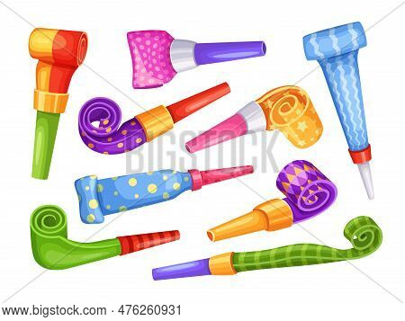 Cartoon Party Blowers. Tube Horn, Blowing Noisemaker For Birthday Celebration And Whistle Blowout To