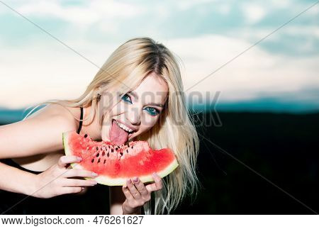 Sexy Summer Tropical Fruit. Sensual Young Woman Lick Watermelon With Sexy Tongue. Funny Beautiful Yo