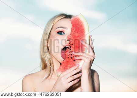 Sensual Young Woman Lick Watermelon With Sexy Tongue. Sexy Summer Tropical Fruit. Sexy Mouth Bite Wa