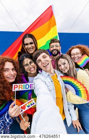 Lgbtq Community People Celebrating Gay Pride Day Festival Taking Vertical Selfie With Phone. Young G