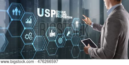 Usp. Inscription Unique Selling Proposition On Virtual Screen. Marketing And Technology Concept