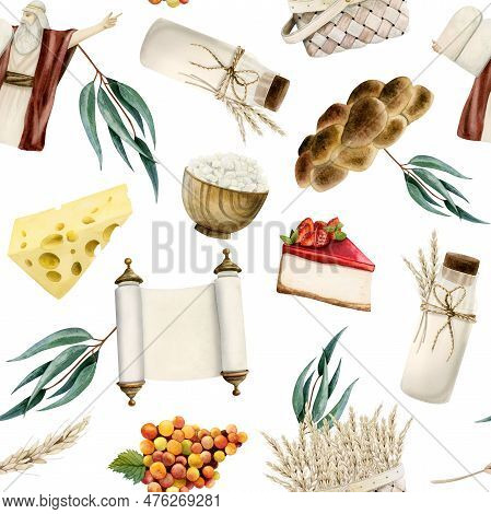 Shavuot Seamless Pattern With Symbols And Food On White Background For Festive Wrapping And Greeting