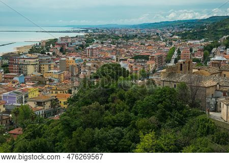 Aerial View Of Grottammare City On The Adriatic Sea In The Marche Region During Summer Season