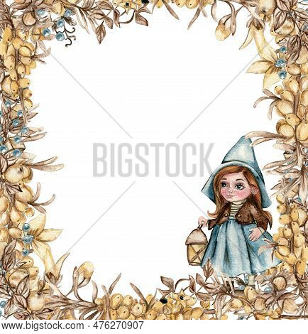 Watercolor Autumn Square Frame With Sea Buckthorn Llustration Of Autumn For Scrapbooking, Nvitation,