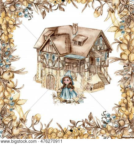 Watercolor Autumn Square Frame With Sea Buckthorn Llustration Of Autumn For Scrapbooking, Nvitation,