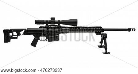 Modern Powerful Large-caliber Tactical Sniper Rifle With A Telescopic Sight Mounted On A Bipod. A Bo