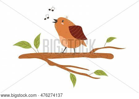 Cute Bird Sits On A Tree Branch. Funny Curious Sparrow. Charming Funny Wild Bird, Feathered On A Twi