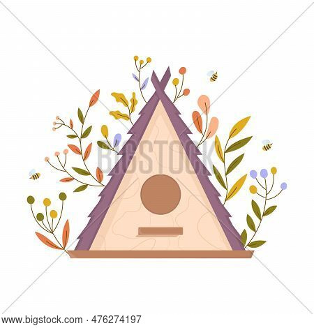 Wooden Birdhouses With Leaves And Flowers, Colorful Bird Feeders In Different Designs. Birdhouses, H