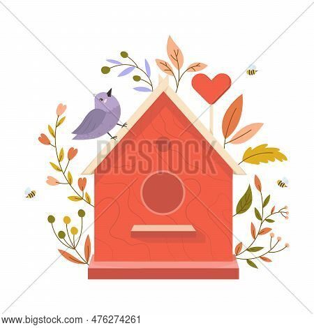 Wooden Colorful Birdhouse With Small Birds. House For Feathered Animals. Spring Time For Nesting. Or