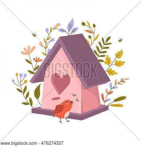 Wooden Colorful Birdhouse With Small Birds. House For Feathered Animals. Spring Time For Nesting. Or