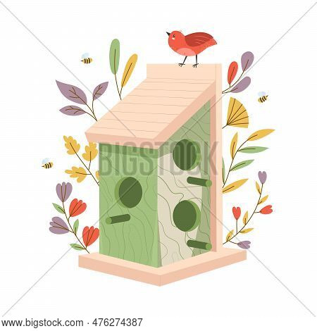 Wooden Colorful Birdhouse With Small Birds. House For Feathered Animals. Spring Time For Nesting. Or