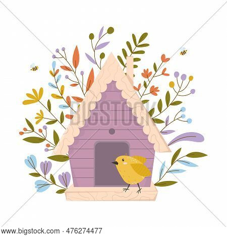 Wooden Colorful Birdhouse With Small Birds. House For Feathered Animals. Spring Time For Nesting. Or