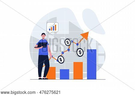 Sales Performance Web Concept With Character Scene. Man Analyze Financial Stock Charts And Increase 