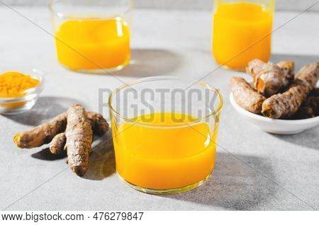 Turmeric Shots, Healthy Beverage With Turmeric Root And Spices, Jamu Juice, Immunity Booster Drink O