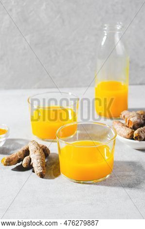 Turmeric Shots, Healthy Beverage With Turmeric Root And Spices, Jamu Juice, Immunity Booster Drink O
