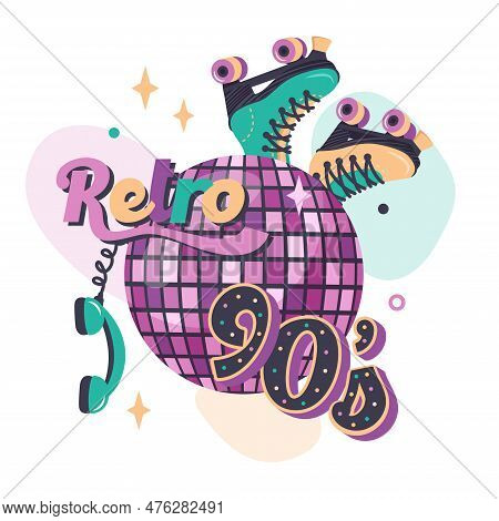 Retro Template In Retro Style Of 90s, 80s. Pink Disco Ball With  Roller Skating, Handset, Color Text