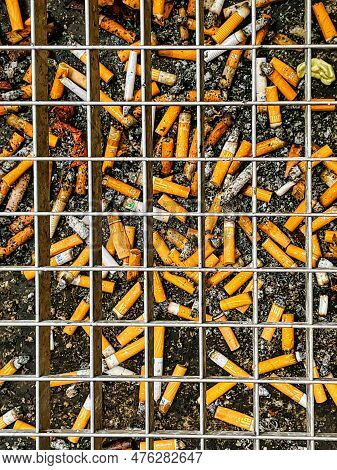 The Hague, Netherlands - November 23 2021: A Close Up Of The Outdoor Ash Tray In Front Of Dutch Parl