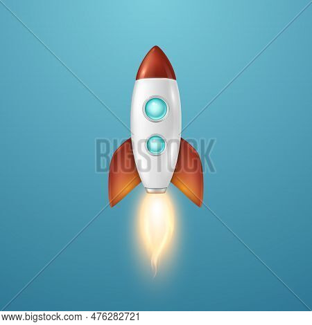 Vector Retro Space Rocket Ship Launch On Blue Sky Background. Space Rocket Design Template For Busin