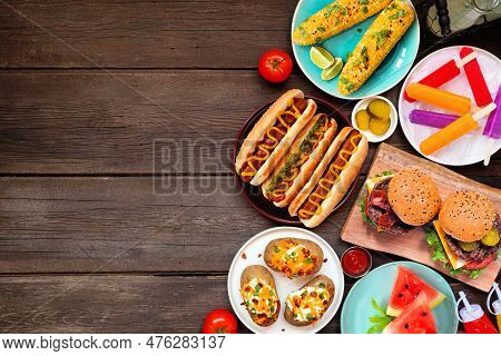 Summer Bbq Food Side Border. Hamburgers, Hot Dogs, Potatoes, Corn And Cold Treats. Overhead View Ove