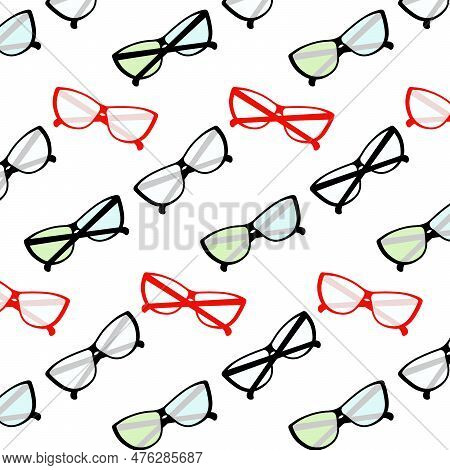 Endless Pattern Of Elegant Stylized Glasses With Clear And Multi Colored Lenses And Frames. Vector.