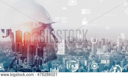 Future Building Construction And Inventive Engineering Project Concept With Hud Hologram Graphic Des