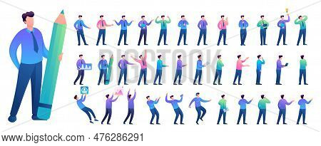 Set Of Young Man. Presentation In Various In Various Poses And Actions. 2d Flat Character Vector Ill