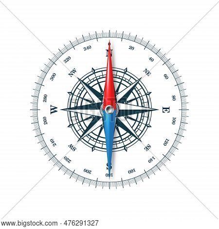 Marine Compass, Nautical Wind Rose With Cardinal Directions Of North, East, South, West And Degree M