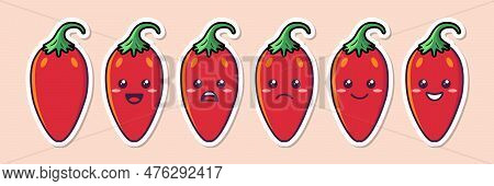 Vector Cartoon Cute And Funny Red Hot Chili Pepper Icon Set. Kawaii Style. Fresh Chili Hot Pepper Wi