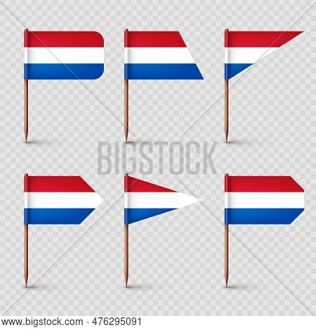 Realistic Various Dutch Toothpick Flags. Souvenir From Netherlands. Wooden Toothpicks With Paper Fla