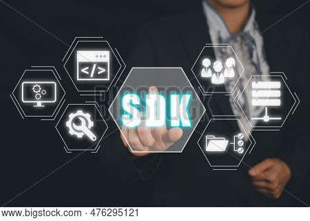 Sdk - Software Development Kit Programming Language Technology Concept, Business Woman Hand Touching