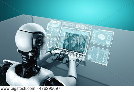 Robot Humanoid Use Laptop And Sit At Table For Big Data Analytic Using Ai Thinking Brain , Artificia