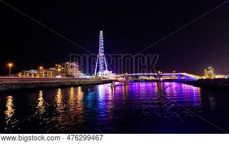 Dubai, United Arab Emirates, March 16, 2023 : Night View Of The Decoratively Illuminated Ferris Whee