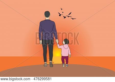 Father And Son Bonding: A Vector Illustration Of A Heartwarming Sunrise Scene Father And Son Watchin