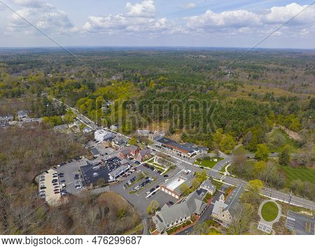 Weston Historic Commercial Center Aerial View In Spring On Boston Post Road, Weston, Massachusetts M