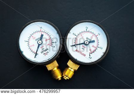 Two New Manometers For Acetylene And Oxygen On A Black Background.