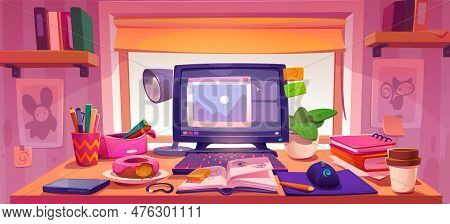 Workspace Near Window In Girly Room With Pink Walls. Vector Cartoon Illustration Of Teenagers Workpl