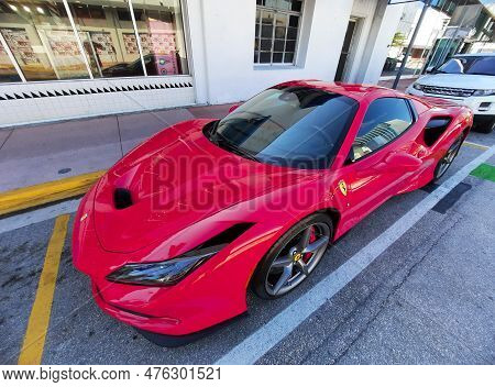 Los Angeles, California Usa - March 24, 2021: Red Ferrari F8 Tributo Luxury Sport Car Up Corner View