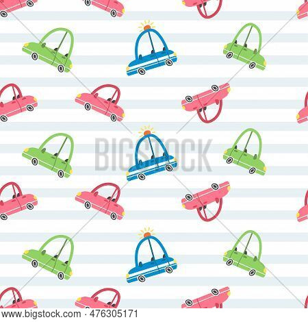 Seamless Vector Pattern. Cute Cars And Gray Stripes.