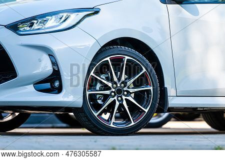 Sports Car Wheels, Low Profile Tires On Aluminum Rims, Close-up, Selective Focus