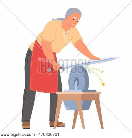 Blacksmith Sharpening Sword On Grind Stone At Workshop
