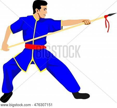 Wushu Spear Fight Chinese Martial Art Athlete Vector